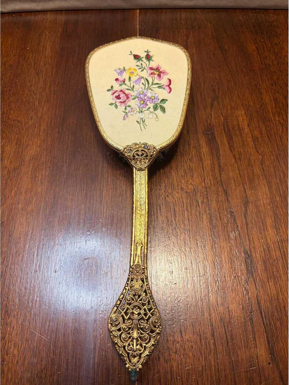 Vintage Made in England Petit Point Vanity Hair Brush | Floral Needlepoint | 11”